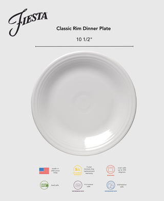 A lavender 10.5-inch Fiesta Classic Rim Dinner Plate is centered on a gray background. Icons and text below show that this made in USA plate is oven, microwave, and dishwasher safe, plus lead safe.