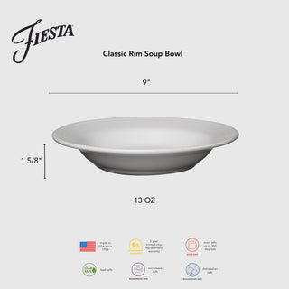 The Fiesta Lavender Classic Rim Soup Bowl, made from vitrified china in the USA, measures 9" wide by 1⅝" high, holds 13 oz., is dishwasher, oven, and microwave safe, lead safe, and comes with a 5-year chip warranty.