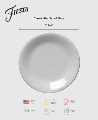 The Fiesta Lavender Classic Rim 7 1/4 Inch Salad Plate is a lead-safe china plate, made in the USA, with Fiesta branding, microwave and dishwasher safe icons, and a 5-year chip warranty.