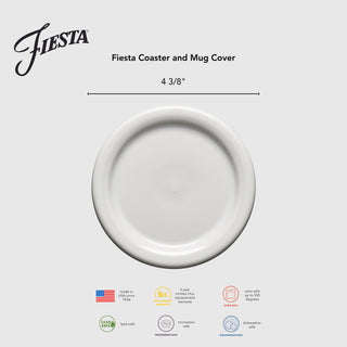 The Fiesta 4 3/8 Inch Coaster and Mug Cover by Fiesta is round and white, shown on a gray background with the Fiesta logo. Icons below show it’s microwave safe, dishwasher safe, lead free, made in the USA, and has a 5-year chip warranty.