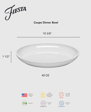 The Fiesta Lavender Coupe 10 3/8 Inch Dinner Bowl holds 40 oz, measures 1.5" high, is made in the USA, lead safe, microwave/oven/dishwasher safe, and includes a 5-year chip-resistant warranty.