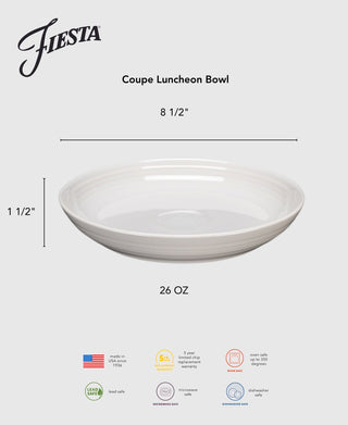 The Lavender Coupe 8.5-Inch Luncheon Bowl by Fiesta holds 26 oz, is lead-safe china, measures 1.5 inches high, and features the brand logo plus icons showing it’s microwave, oven, and dishwasher safe.