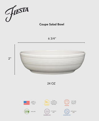 The Fiesta Lavender Coupe Salad Bowl is 6 3/4" wide, 2" tall, and holds 24 oz. Made from durable ceramic, it features the Fiesta logo, dishwasher safe icons, care details, and size measurements above.