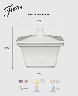 The Fiesta Retired Covered Box is a white, square ceramic container with knobbed lid, measuring 4 5/8" x 3 3/4", 9 oz. capacity. Lead safe, microwave, oven & dishwasher safe. Made in the USA.