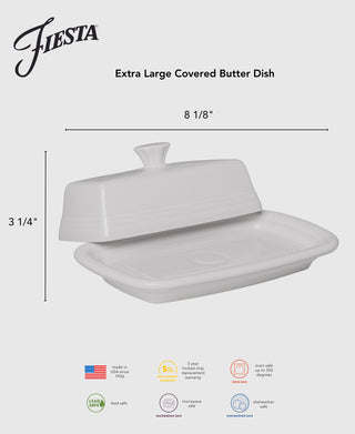 Fiesta Retired Extra Large Covered Butter Dish, 8 1/8" x 5 1/8", made in the USA. White ceramic, lead-safe china, microwave/oven/dishwasher safe. Includes base and lid for stylish functionality.