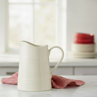 The Fiesta 8 1/2 Pitcher 74 OZ by Fiesta, in a cream-colored handcrafted linen glaze, rests on a white marble countertop with a red cloth beneath it. Blurred stacks of plates and a potted plant appear near a bright window in the background.