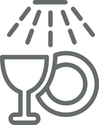 Gray icon of a wine glass and a plate under stylized rays, representing items being sanitized or cleaned, possibly indicating dishwasher safe or hygiene.