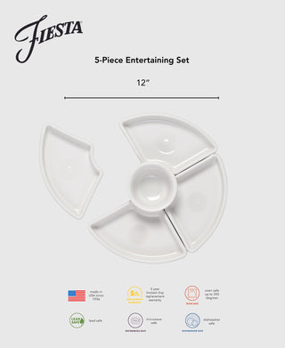 The Fiesta White 5-Piece Entertaining Set (8 1/5") features four curved trays and a round center bowl, ideal for charcuterie. It’s lead safe, microwave and dishwasher safe, and comes with a 5-year chip warranty.