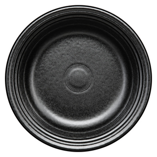 A round, empty black ceramic plate with a matte finish and concentric circular ridges, viewed from above on a white background.