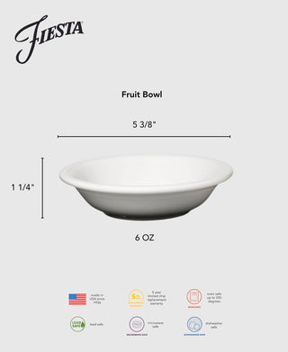 Fiesta Lavender Fruit Bowl: 5 3/8" diameter, 1 1/4" high, holds 6 oz; made in the USA from vitrified china. Lead-safe, dishwasher, oven & microwave friendly with a 5-year chip warranty.