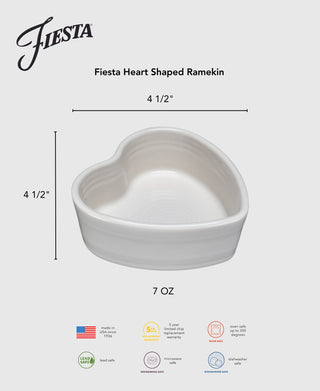 The Fiesta 7 OZ Heart Shaped Ramekin (4 1/2") features smooth ceramic sides, is oven, microwave, and dishwasher safe, lead-free, made in the USA, and perfect for baking or serving.