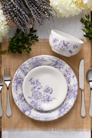 The Fiesta Botanical Floral Lavender Classic Bistro 3-Piece Place Setting, Service For 1, features a plate, bowl, and salad plate with purple floral designs—perfect for a charming table setting.
