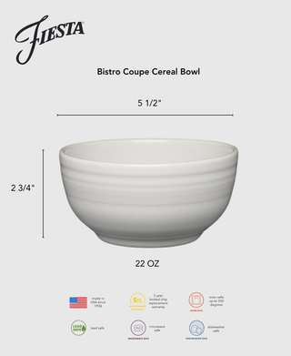 The Fiesta Botanical Floral Lavender Bistro Coupe Cereal Bowl is 5.5" in diameter, holds 22 oz, and is lead safe, microwave and dishwasher safe, oven safe, and proudly made in the USA.