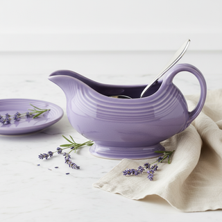 Lavender gravy boat styled on white marble with silver ladle, oval platter, linen napkin and lavender garnish