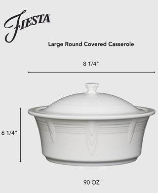 The Fiesta Large 10 Inch Round Covered Casserole holds 2.8 quarts, is oven, microwave, and dishwasher safe, and made in the USA.