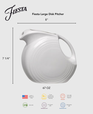Retired Fiesta 67 OZ Large Disk Pitcher by Fiesta, made of white ceramic, measures 8" wide and 7¼" tall. This lead-safe pitcher is microwave, dishwasher, and oven safe, and proudly made in the USA.