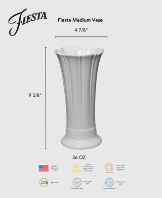 The Fiesta Lavender 9 5/8 Inch Medium Vase features a fluted Art Deco design, measures 4 7/8 inches wide, holds 36 oz, and is dishwasher, microwave, and oven safe. Made in the USA.