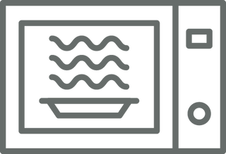 Gray icon of a microwave oven with a tray inside and wavy lines above it, representing heating or cooking food using microwave radiation.