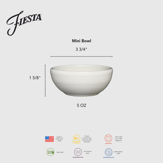The Fiesta 3 3/4 Inch Mini Bowl (5 oz) by Fiesta is 1 5/8" tall, microwave, oven, and dishwasher safe, lead safe, features the Fiesta logo and care icons, and is proudly made in the USA.