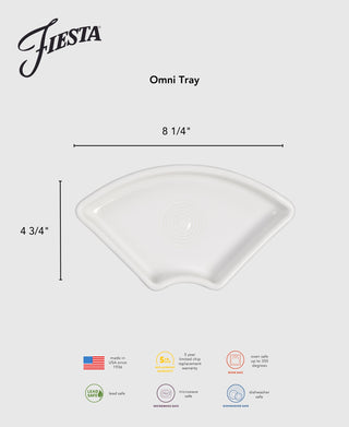The Fiesta Retired Sunset Horizon 5-Piece Mixed Colors Entertaining Set features 8 1/5" trays that are lead safe, microwave and dishwasher safe, made in the USA, and include a 5-year chip warranty—ideal for entertaining.