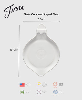 The Fiesta 8 3/4 Inch Ornament Shaped Plate is lead safe, made in the USA, oven, microwave, and dishwasher safe, features a festive shape for holiday tables, measures 8 3/4" x 10 1/8", and comes with a 5-year chip warranty.