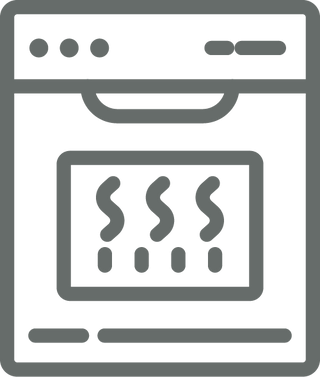 Gray icon of an oven with a window showing three wavy lines representing heat or steam inside, indicating the appliance is on or cooking food.