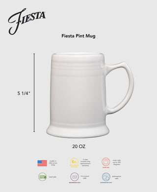 The Fiesta 20 OZ Pint Mug by Fiesta is a white ceramic mug with a large handle, 5 1/4" tall and holds 20 oz. It's microwave, dishwasher safe, oven safe to 350°F, lead free, and made in the USA.