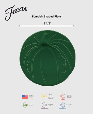 The Fiesta Pumpkin Shaped Plate 8 1/2 Inch is featured in green, labeled with its name and size, with icons highlighting its safety, durability, and care for festive harvest table settings.