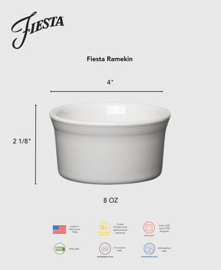 The Retired Fiesta 8 OZ Ramekin 4 Inch by Fiesta is a white ceramic ramekin, 4" wide and 2 1/8" tall, with an 8 oz capacity. Made in the USA, it’s oven and dishwasher safe, with a 5-year chip warranty from Fiesta’s classic collection.