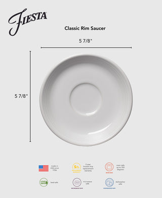 The Fiesta Retired Classic Rim 5 7/8 Inch Saucer is made in the USA, lead safe, microwave/dishwasher safe, oven safe to 350°F, and comes with a 5-year chip warranty. Available in signature Fiesta colors.