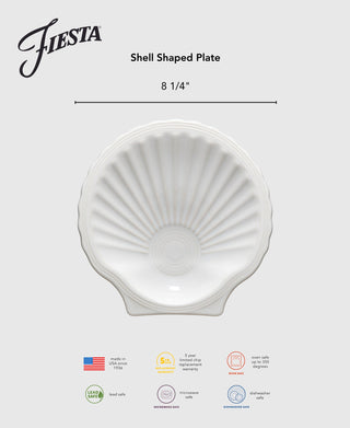 The Fiesta Retired Shell Shaped Plate 8 1/4 Inch is a white ceramic piece, lead safe, dishwasher/microwave/oven safe, and made in the USA—an ocean-inspired accessory from the Coastal Collection for your table.