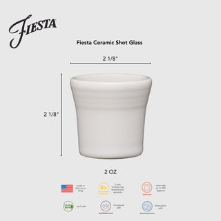 The Fiesta Foundry 1 1/2 oz ceramic shot glass features a ridged white vitrified china design, is lead-free, dishwasher, microwave, and oven safe, measures 2 1/8" tall/wide, and is proudly made in the USA.