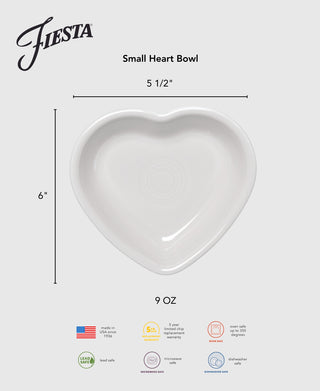 The Fiesta Retired Sky Small Heart Bowl is crafted from durable vitrified china. It holds 9 oz, measures 5.5"W x 6"H, and is made in the USA. Dishwasher, oven, microwave safe, and lead free.
