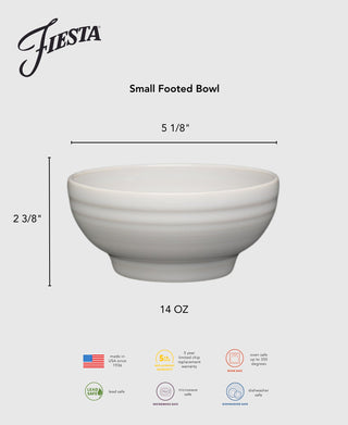 The Fiesta Retired Small 5 1/8” Footed Bowl holds 14 oz, is made of vitrified china, measures 5 1/8” wide by 2 3/8” tall, and is dishwasher, microwave/oven (up to 350°F), and lead safe. Made in the USA. White, round design.
