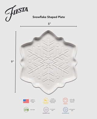 The Fiesta Snowflake Shaped Plate 9 Inch, in white, is a serving platter that's oven, microwave, and dishwasher safe, lead free, made in the USA. Dimensions shown; features classic Fiesta branding.