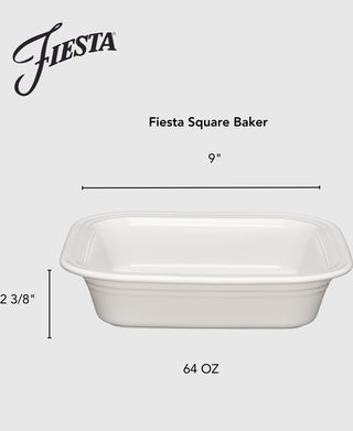 The Lavender Square 9x9 Inch Baker 2 Quart by Fiesta is made in the USA. It features the Fiesta logo at the top left on a light background and measures 9 inches wide, 2 3/8 inches tall, with a 2-quart capacity.