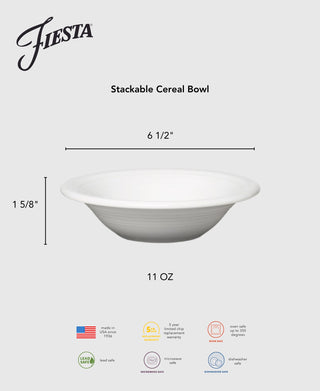 Retired Fiesta 6 1/2 Inch Stackable Cereal Bowl, 11 oz capacity, made from lead-free ceramic. Microwave, oven, and dishwasher safe; made in the USA. Measures 6.5" wide by 1.625" high. Includes a 5-year chip warranty.