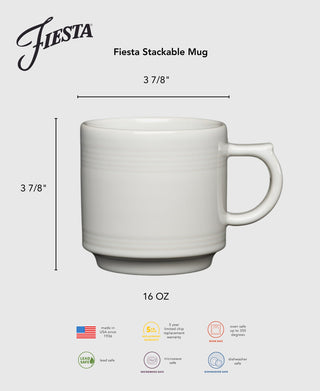 The Fiesta Sky 16 OZ Set of 4 Stackable Mugs features large handles, each mug measuring 3 7/8" high and wide. Microwave, oven, and dishwasher safe, lead safe, and made in the USA—ideal for any coffee bar.