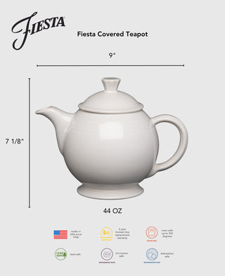 The Retired Fiesta 44 OZ Covered Teapot by Fiesta is white ceramic, measures 9" wide x 7 1/8" tall, holds 44 oz, and is lead-safe china that’s microwave, oven, and dishwasher safe. Includes a 5-year chip replacement warranty.