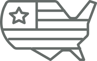 Outline of the continental United States shaped like an airplane, featuring a star and stripes resembling elements of the American flag inside the shape.