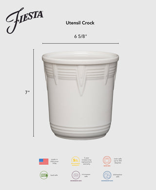 The Retired Fiesta 7 Inch Chevron Utensil Crock by Fiesta serves as a stylish canister or utensil holder. Made in the USA, it’s lead safe, oven, microwave, and dishwasher safe, and comes with a 5-year chip warranty. Measures 7" tall x 6⅝" wide.