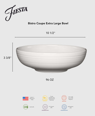 Fiesta Retired Bistro Coupe 10.5" Extra Large Bowl, 96 oz—a versatile serving bowl made in the USA. Lead-safe, oven, microwave & dishwasher safe. Includes a 5-year chip warranty.