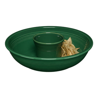 The Fiesta 2-Piece Chip and Dip Set, 12 7/8 inch in jade, features a central dip compartment and vibrant colors, perfect for serving chips. Made in the USA.
