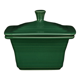 The jade Fiesta Retired Covered Box (4 5/8" x 3 3/4") features a matching lid with knob handle, serving as both a baking dish and stylish storage container, shown against a white background.