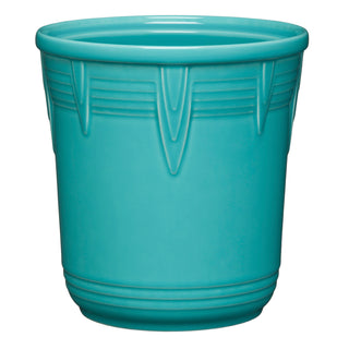 The Retired Fiesta 7 Inch Chevron Utensil Crock in turquoise features a glossy finish with vertical and horizontal raised patterns—ideal as a stylish utensil holder or kitchen canister for your countertop.