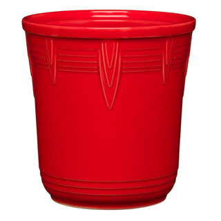 The Retired Fiesta 7 Inch Chevron Utensil Crock in scarlet features a glossy ceramic finish and embossed geometric patterns, making it a stylish kitchen canister or utensil holder. Shown against a white background.