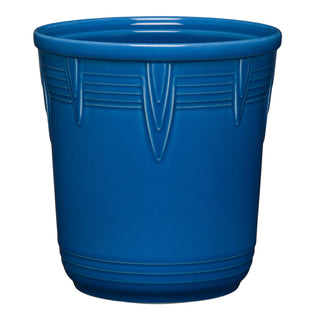The retired Fiesta 7 Inch Chevron Utensil Crock in lapis features decorative raised patterns near the rim and simple horizontal lines at the base, shown against a white background.