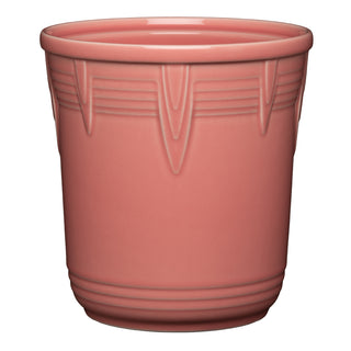 The Retired Fiesta 7 Inch Chevron Utensil Crock in peony features a glossy finish with geometric embossed patterns, making it a charming addition to your kitchen as a canister or utensil holder.