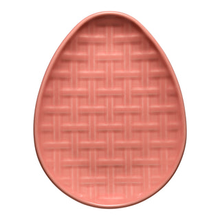 The Fiesta Retired Embossed Egg Shaped Plate, 10 inch in peony, features a raised basket-weave pattern—perfect for adding a charming touch of Fiesta Tableware to your table.