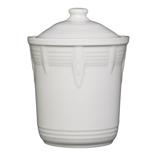 Retired Fiesta 2 Quart Medium Chevron Canister by Fiesta: White ceramic canister with lid, showcasing chevron embossed details near top and bottom; ideal for kitchen storage. Photographed on a plain white background.